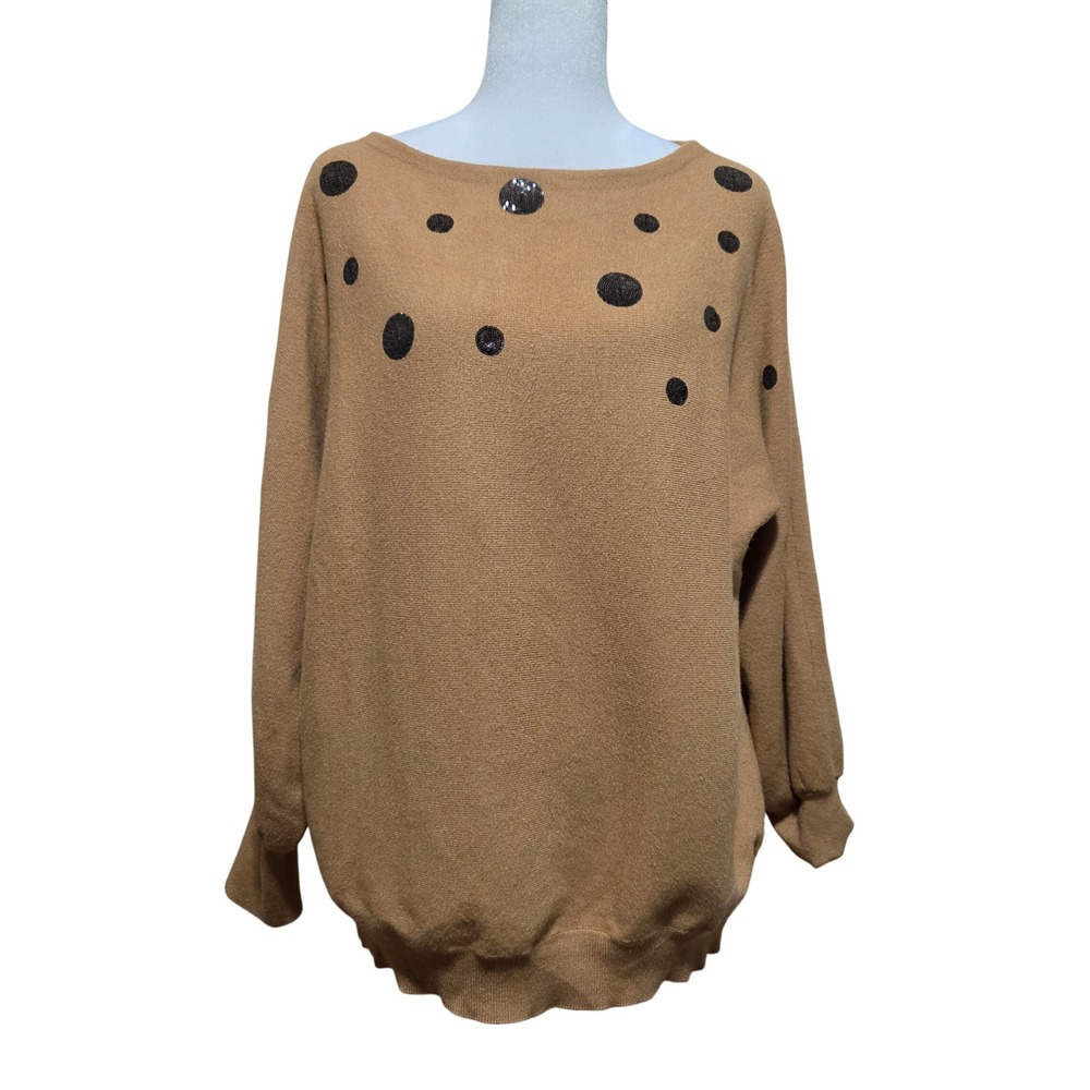 Chicos Sequin Polka Dot Sweater Brown Knit Balloon Sleeve Boat Neck Size 1 M